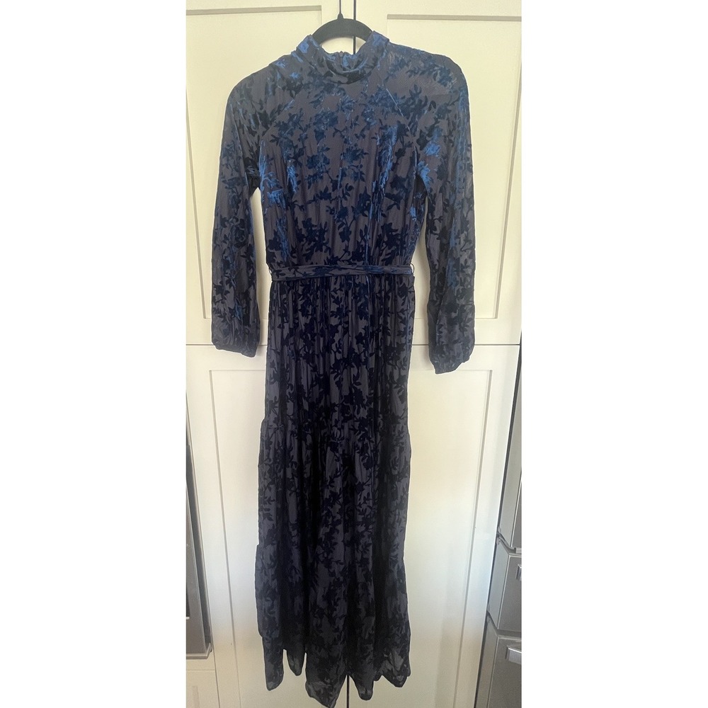 Maison Tara Navy Royal Blue Velvet Mock Neck Lined Belt Maxi Dress Size 4 Formal